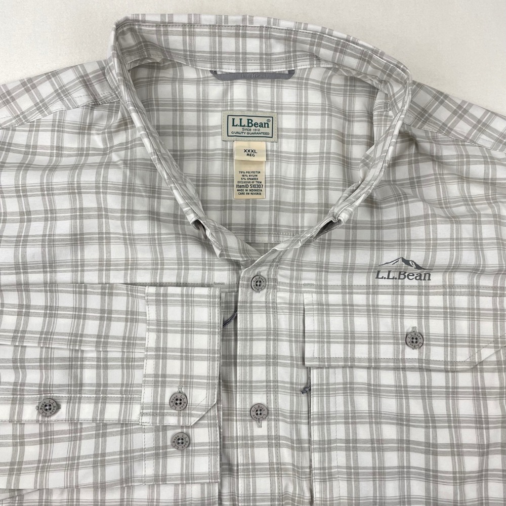 LL Bean Men XXXL Regular Gray‎ White Plaid Performance Fishing Hiking Shirt